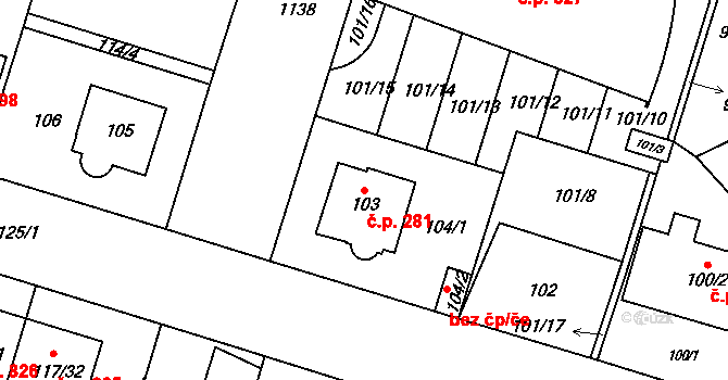 Prosek 281, Praha na parcele st. 103 v KÚ Prosek, Katastrální mapa