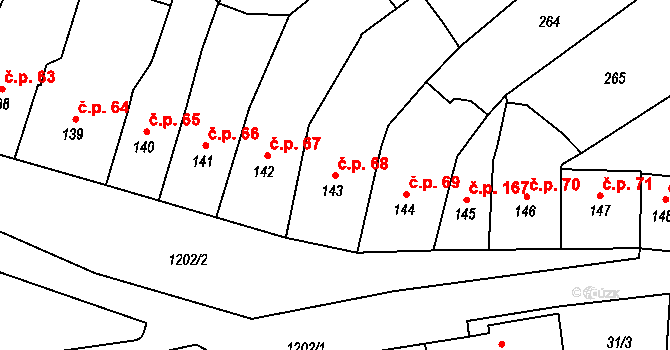 Pilníkov 68 na parcele st. 143 v KÚ Pilníkov I, Katastrální mapa