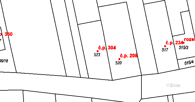 Tvarožná 304 na parcele st. 523 v KÚ Tvarožná, Katastrální mapa