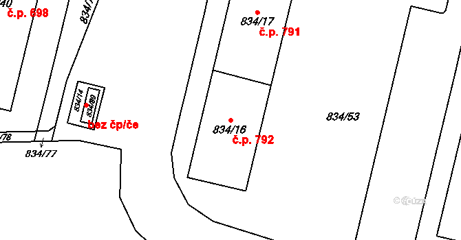 Lobzy 792, Plzeň na parcele st. 834/16 v KÚ Doubravka, Katastrální mapa
