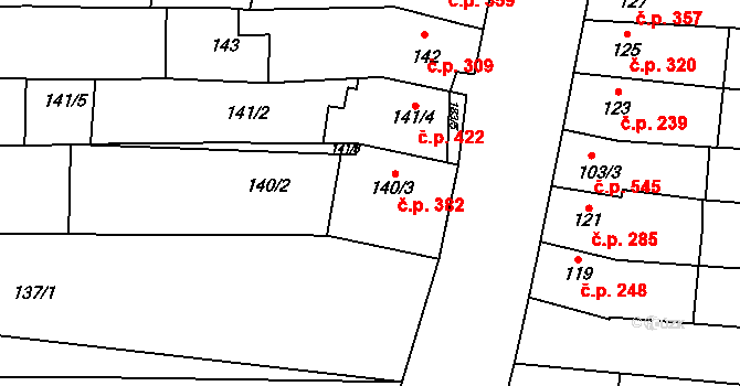 Podolí 382 na parcele st. 140/3 v KÚ Podolí u Brna, Katastrální mapa