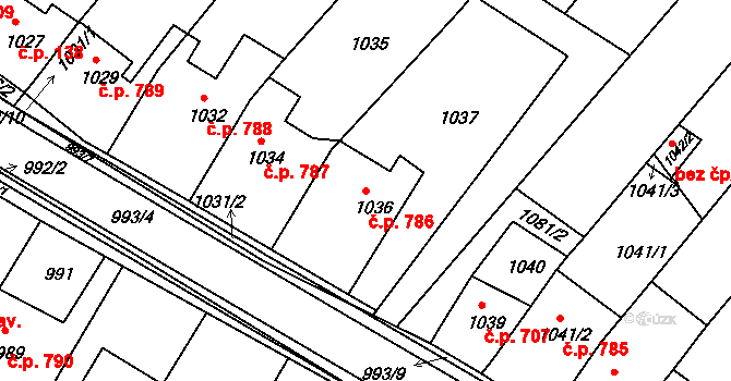 Dolní Kounice 786 na parcele st. 1036 v KÚ Dolní Kounice, Katastrální mapa