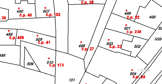 Týnec nad Labem 27 na parcele st. 496 v KÚ Týnec nad Labem, Katastrální mapa