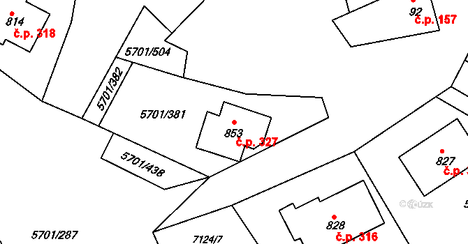 Hrádek 327 na parcele st. 853 v KÚ Hrádek u Znojma, Katastrální mapa