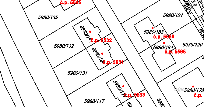 Chomutov 5531 na parcele st. 5980/190 v KÚ Chomutov I, Katastrální mapa