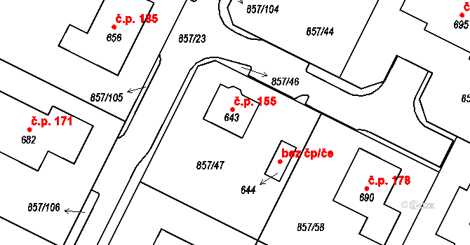 Podhrad 155, Cheb na parcele st. 643 v KÚ Dřenice u Chebu, Katastrální mapa