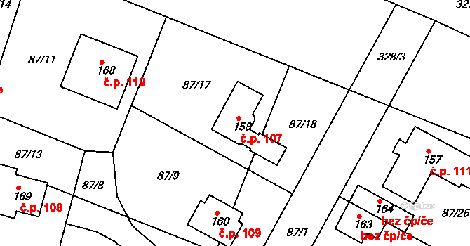 Čepí 107 na parcele st. 158 v KÚ Čepí, Katastrální mapa