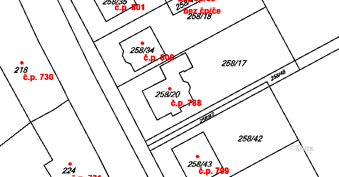 Březce 788, Štěpánov na parcele st. 258/20 v KÚ Březce, Katastrální mapa