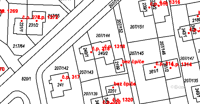Sezimovo Ústí 1318 na parcele st. 240/2 v KÚ Sezimovo Ústí, Katastrální mapa
