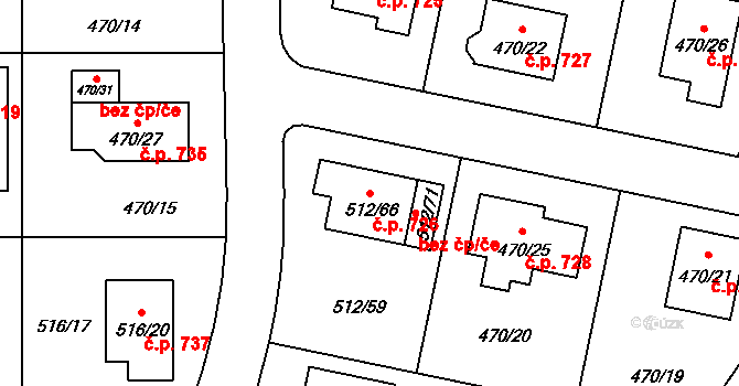 Srubec 726 na parcele st. 512/66 v KÚ Srubec, Katastrální mapa