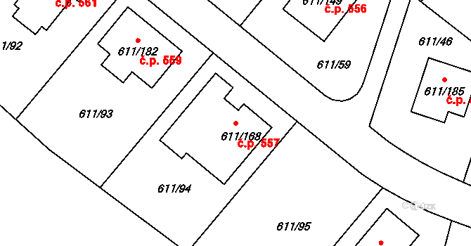 Srubec 557 na parcele st. 611/168 v KÚ Srubec, Katastrální mapa