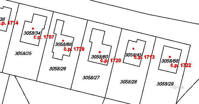 Bystřice nad Pernštejnem 1720 na parcele st. 3058/60 v KÚ Bystřice nad Pernštejnem, Katastrální mapa