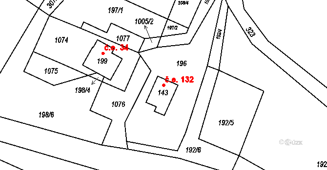 Vraclávek 132, Hošťálkovy na parcele st. 143 v KÚ Vraclávek, Katastrální mapa