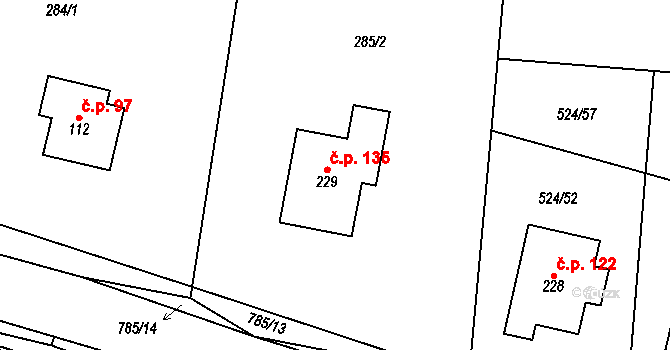 Dlouhá Lhota 135 na parcele st. 229 v KÚ Dlouhá Lhota u Dobříše, Katastrální mapa