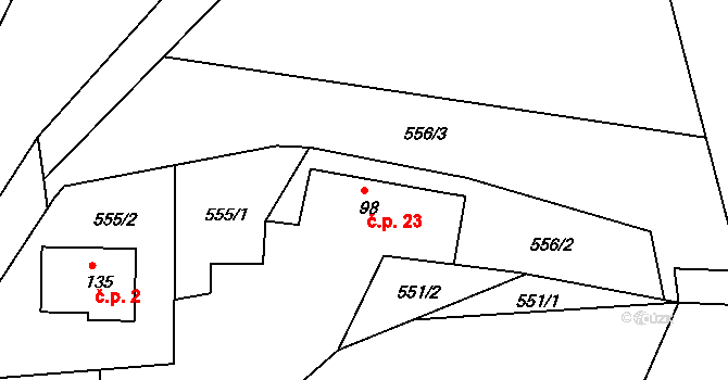 Tožice 23, Bystřice na parcele st. 98 v KÚ Božkovice, Katastrální mapa