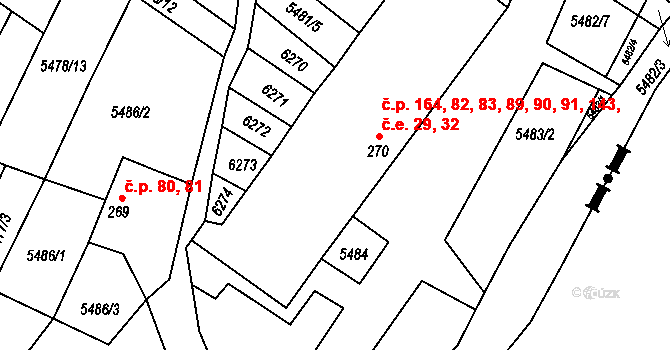 Sidonie 82,89,90,91,143,164, Brumov-Bylnice na parcele st. 270 v KÚ Sidonie, Katastrální mapa