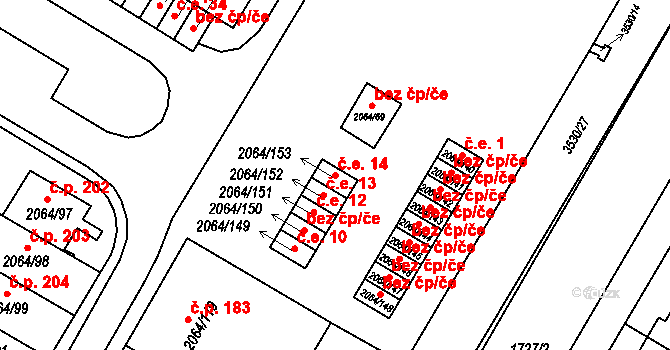 Brňany 14, Vyškov na parcele st. 2064/153 v KÚ Vyškov, Katastrální mapa