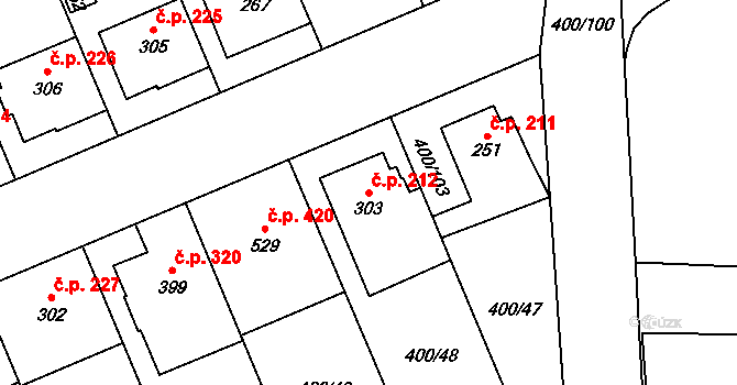Prštné 212, Zlín na parcele st. 303 v KÚ Prštné, Katastrální mapa