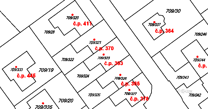 Popůvky 393 na parcele st. 709/323 v KÚ Popůvky u Brna, Katastrální mapa