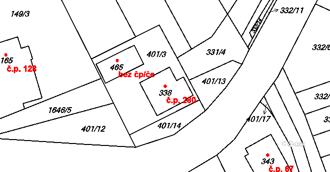 Dubicko 280 na parcele st. 338 v KÚ Dubicko, Katastrální mapa