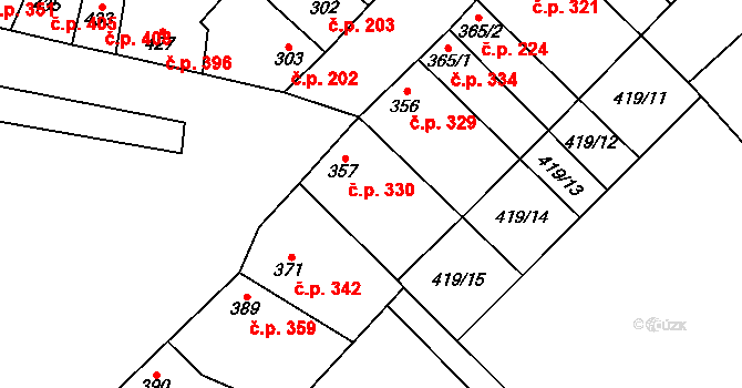 Kostelec nad Labem 330 na parcele st. 357 v KÚ Kostelec nad Labem, Katastrální mapa
