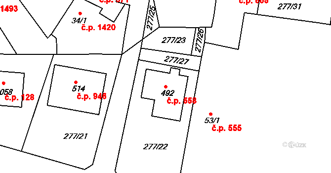 Rudná 558 na parcele st. 492 v KÚ Hořelice, Katastrální mapa