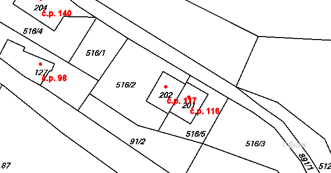 Rokytník 117, Hronov na parcele st. 202 v KÚ Rokytník, Katastrální mapa