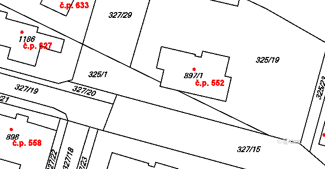 Rosice 552, Pardubice na parcele st. 897/1 v KÚ Rosice nad Labem, Katastrální mapa