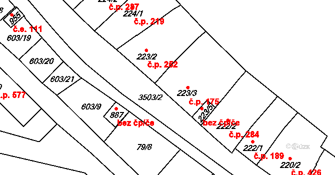 Lysice 175 na parcele st. 223/3 v KÚ Lysice, Katastrální mapa