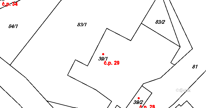 Hrabišín 29 na parcele st. 39/1 v KÚ Hrabišín, Katastrální mapa