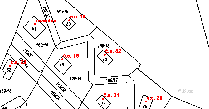 Pivonín 32, Zábřeh na parcele st. 78 v KÚ Pivonín, Katastrální mapa