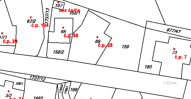 Straník 28, Nový Jičín na parcele st. 69 v KÚ Straník, Katastrální mapa