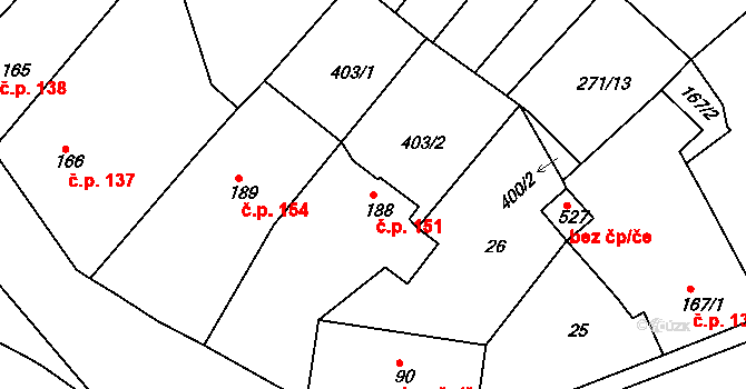 Merklín 151 na parcele st. 188 v KÚ Merklín u Přeštic, Katastrální mapa
