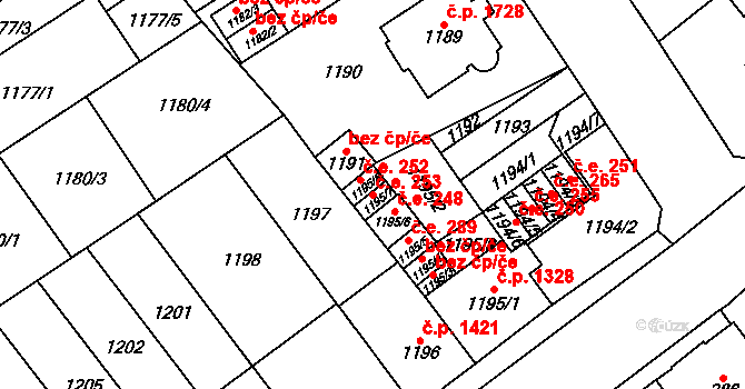 Chomutov 253 na parcele st. 1195/7 v KÚ Chomutov I, Katastrální mapa