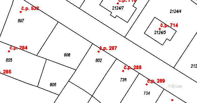Drnholec 287 na parcele st. 802 v KÚ Drnholec, Katastrální mapa