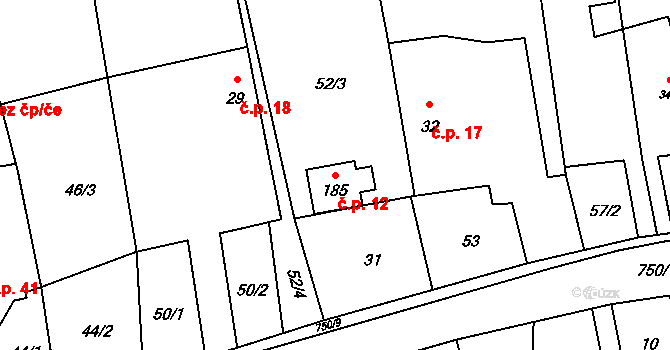 Hrabůvka 12 na parcele st. 185 v KÚ Hrabůvka u Hranic, Katastrální mapa