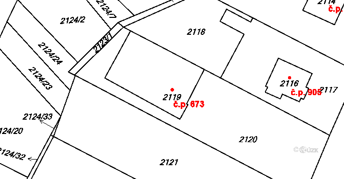 Bystřice 673 na parcele st. 2119 v KÚ Bystřice nad Olší, Katastrální mapa