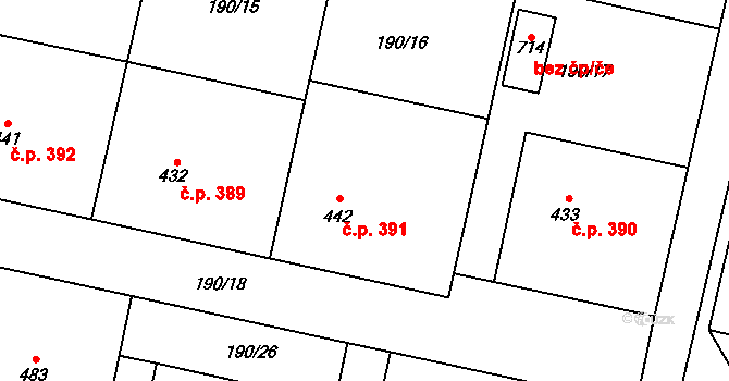 Rožďalovice 391 na parcele st. 442 v KÚ Rožďalovice, Katastrální mapa