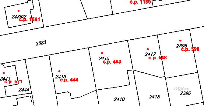 Čelákovice 453 na parcele st. 2415 v KÚ Čelákovice, Katastrální mapa