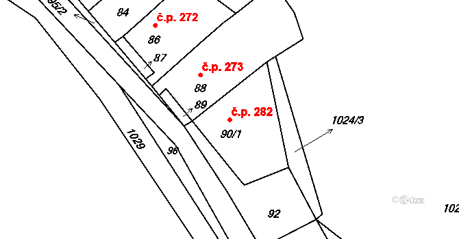 Stonařov 282 na parcele st. 90/1 v KÚ Stonařov, Katastrální mapa