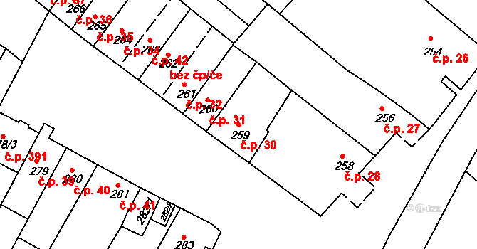 Šaratice 30 na parcele st. 259 v KÚ Šaratice, Katastrální mapa