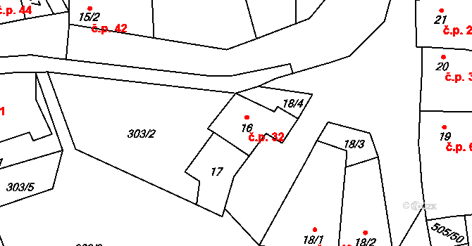 Levousy 32, Křesín na parcele st. 16 v KÚ Levousy, Katastrální mapa