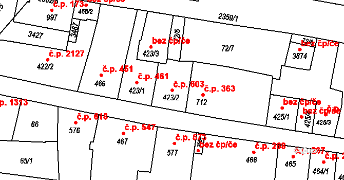 Hořice 603 na parcele st. 423/2 v KÚ Hořice v Podkrkonoší, Katastrální mapa