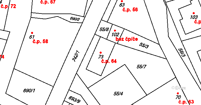 Roseč 64 na parcele st. 73 v KÚ Roseč, Katastrální mapa