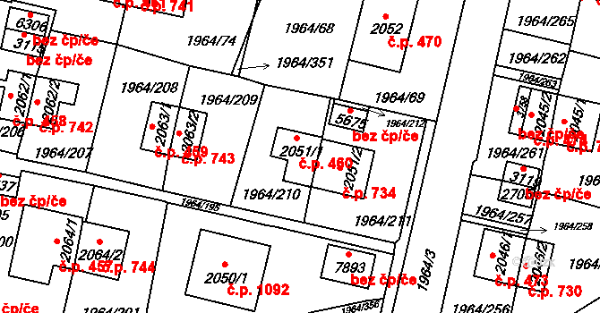 Borovina 460, Třebíč na parcele st. 2051/1 v KÚ Třebíč, Katastrální mapa