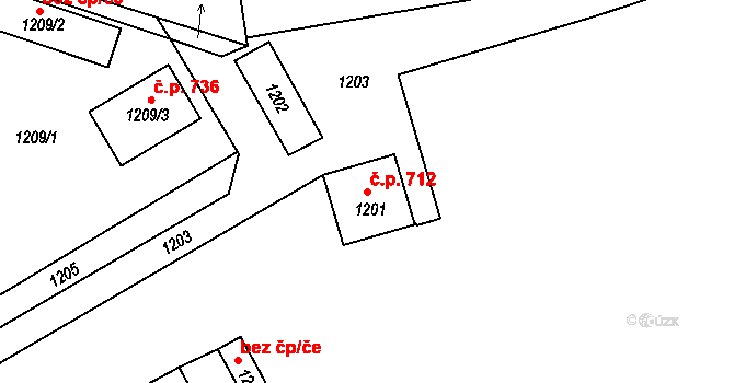 Volyně 712 na parcele st. 1201 v KÚ Volyně, Katastrální mapa