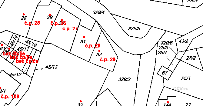 Toušice 29 na parcele st. 32 v KÚ Toušice, Katastrální mapa