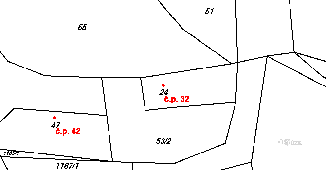 Loužná 32, Myslív na parcele st. 24 v KÚ Loužná, Katastrální mapa