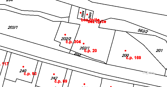 Lysolaje 20, Praha na parcele st. 202/1 v KÚ Lysolaje, Katastrální mapa