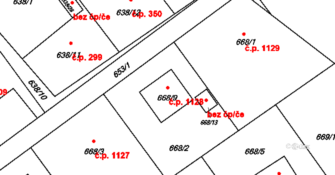 Ráj 1128, Karviná na parcele st. 668/9 v KÚ Ráj, Katastrální mapa